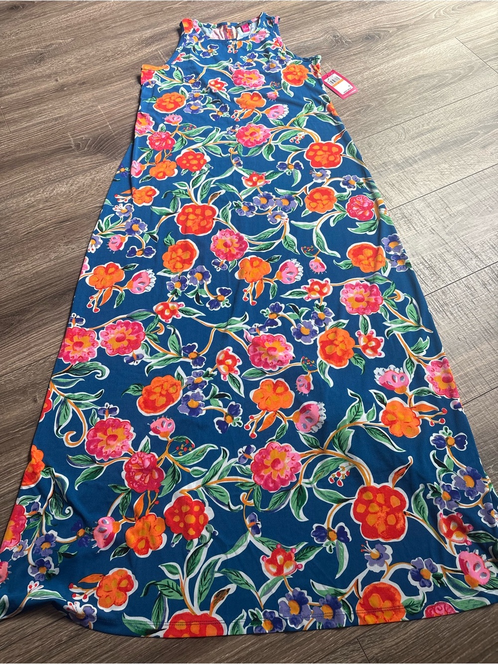 Vince Camuto Navy Floral Maxi Dress with Orange & Pink Blooms